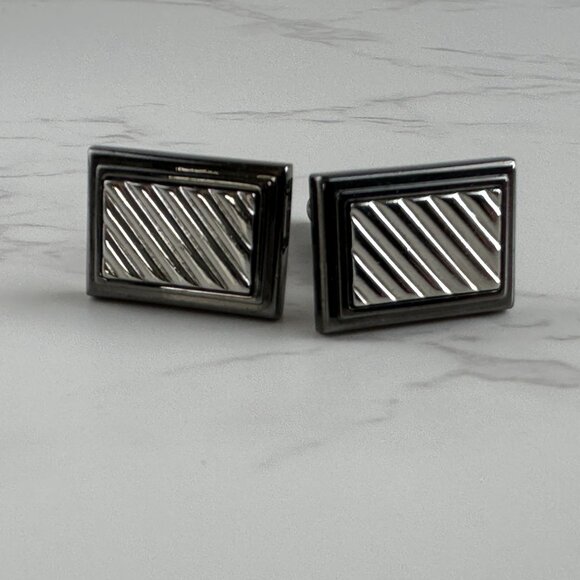 Gunmetal & Silver Rectangular Stripe Cufflinks For Men - Picture 8 of 8